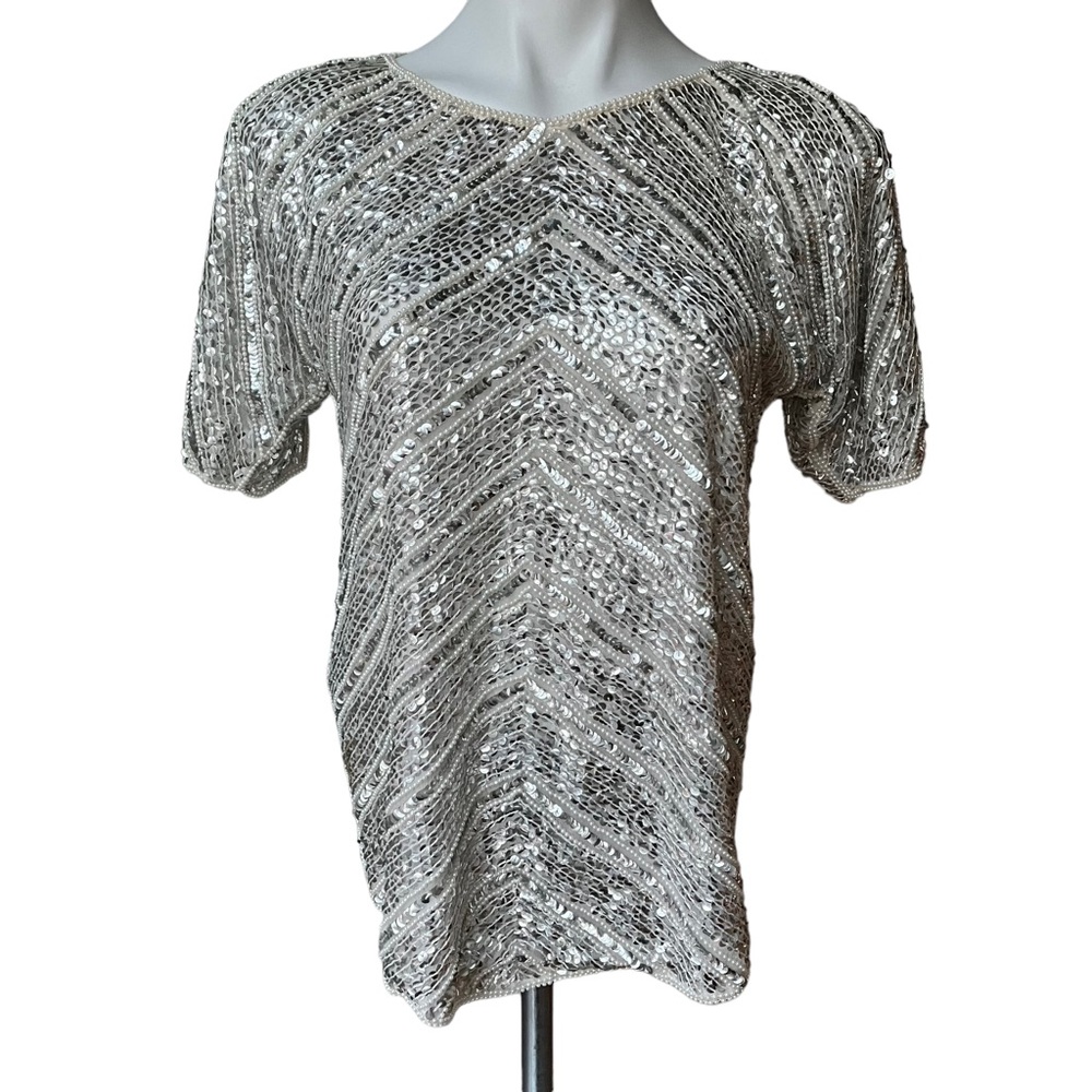 VTG 80s Jean for Joseph Le Bon Sequin and Faux Pearl Silk Top